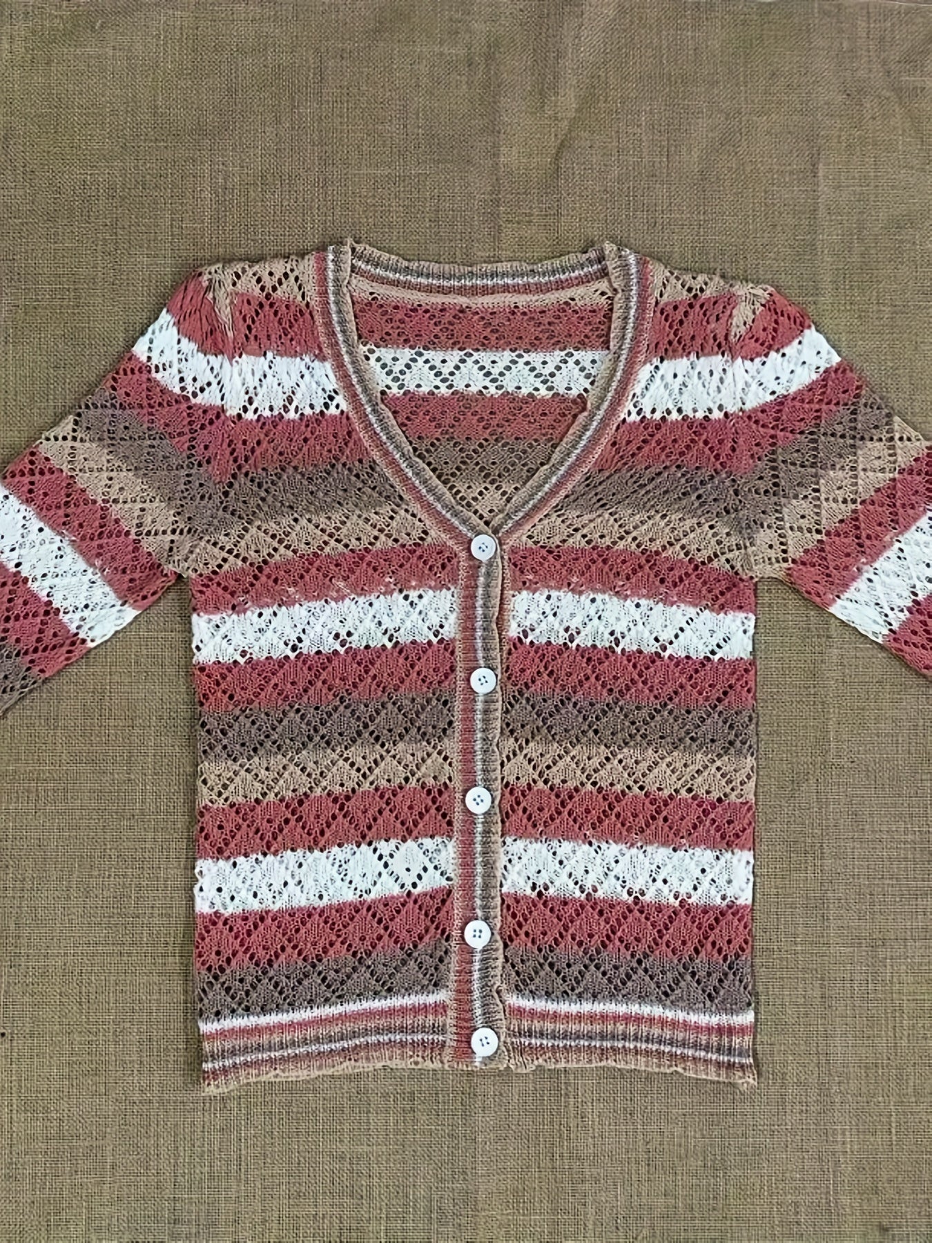 Striped Print Cover Up Shirt V Neck Long Sleeves Knitted Beachwear Cardigan