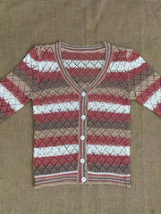 Striped Print Cover Up Shirt V Neck Long Sleeves Knitted Beachwear Cardigan