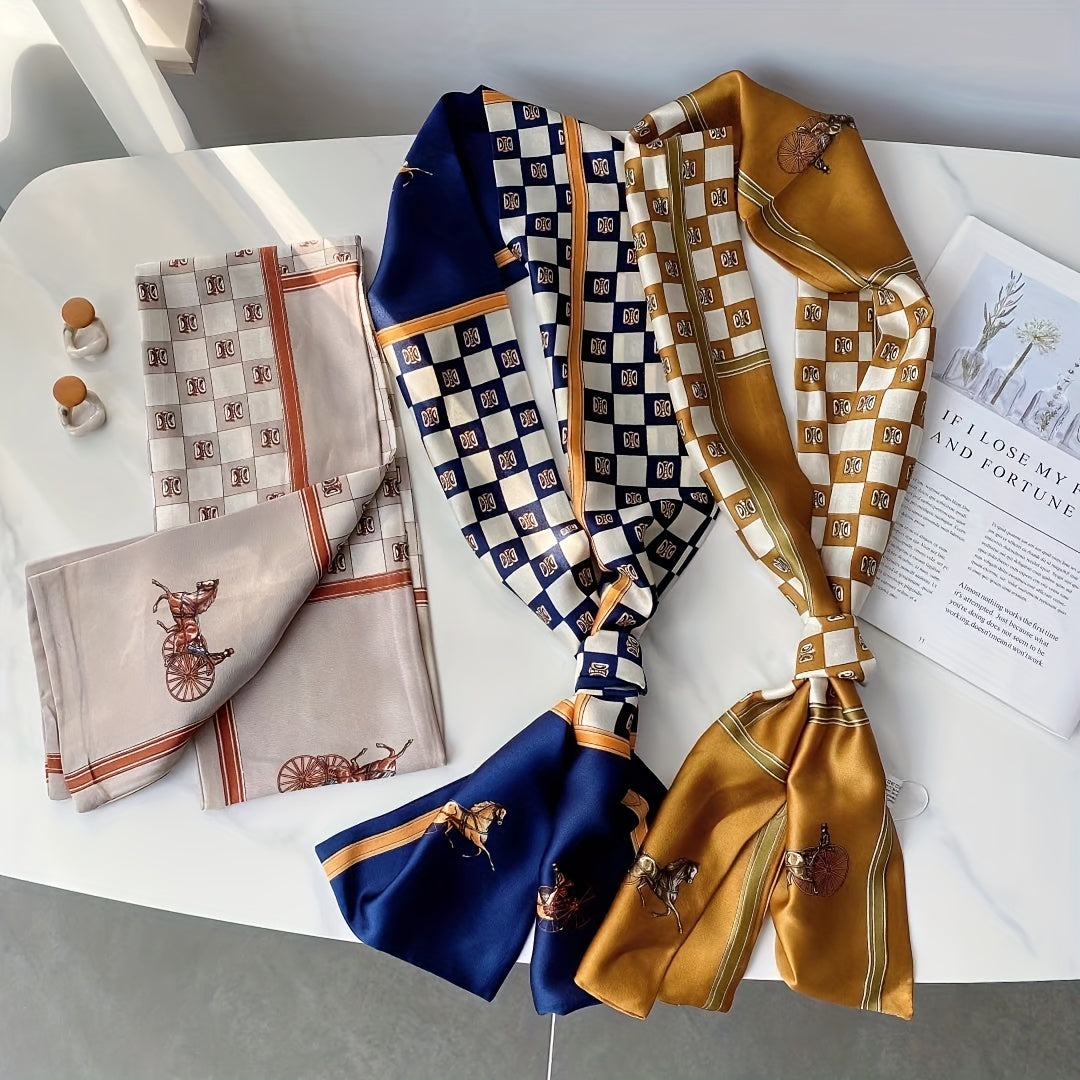 Vintage Horse Print Skinny Scarf Plaid Pattern Long Ribbon Neckerchief
