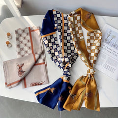 Vintage Horse Print Skinny Scarf Plaid Pattern Long Ribbon Neckerchief