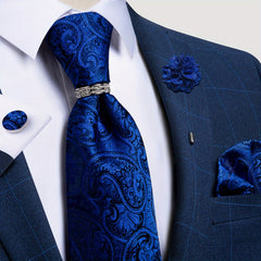 Paisley Necktie Silver Silk Tie Set For Men
