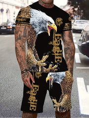 Men's Eagle Print Short Sleeve T shirt & Stretch Shorts Set for Outdoor