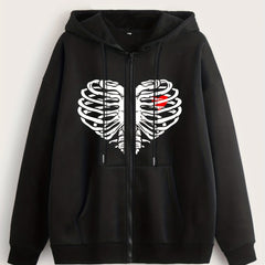 Halloween Skull Heart Print Zip Hoodie