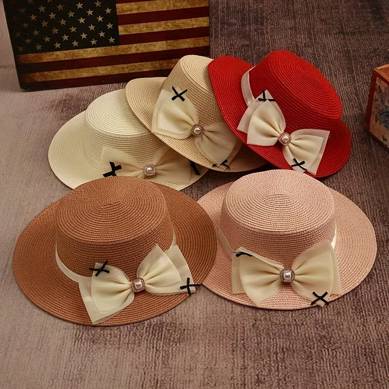 Mesh Bow Decor Sun Hat Flat Top Straw Fedora Solid Jazz Hat