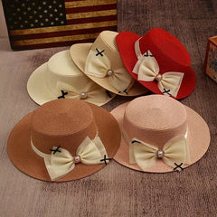Mesh Bow Decor Sun Hat Flat Top Straw Fedora Solid Jazz Hat