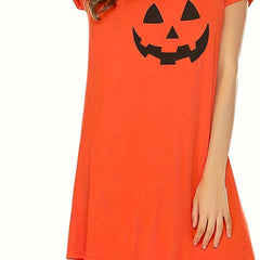 Halloween Pumpkin Face Print Round Neck Tee Sleep Dress