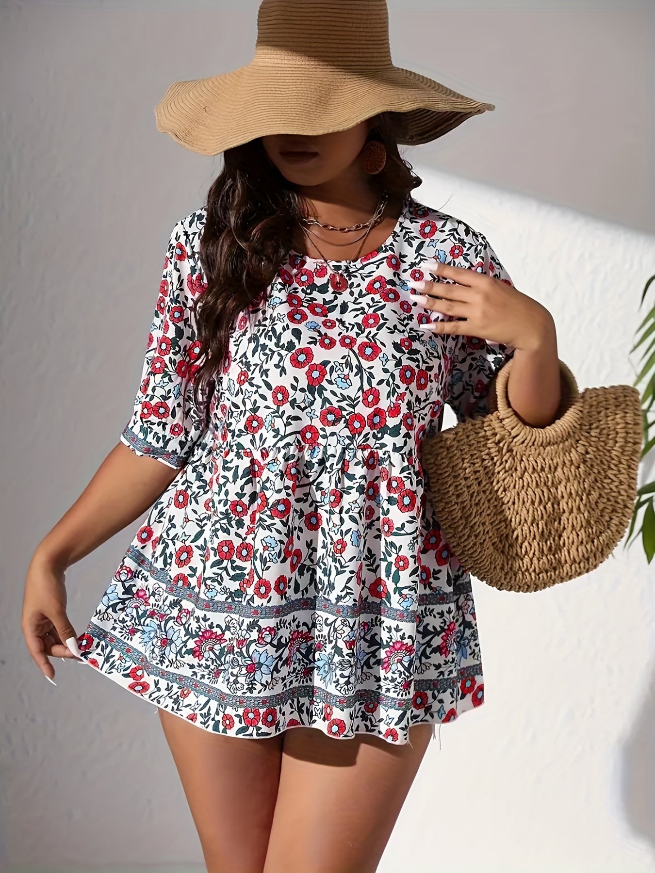 Floral Print Short Sleeve Smock Top
