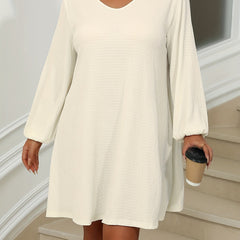 Solid Ribbed Lantern Sleeve V Neck Dress