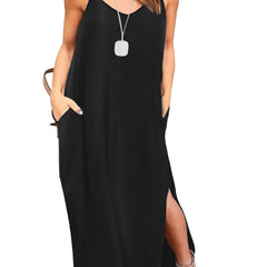 Solid Side Slit Maxi Slip Dress Plus Medium Stretch Casual Cami Dress
