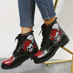 Women's Rose & Skull Print Short Boots Lace Up Ankle Boots