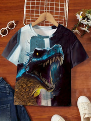3D Print Dino In The City Graphic Short Sleeve T shirt For Girls