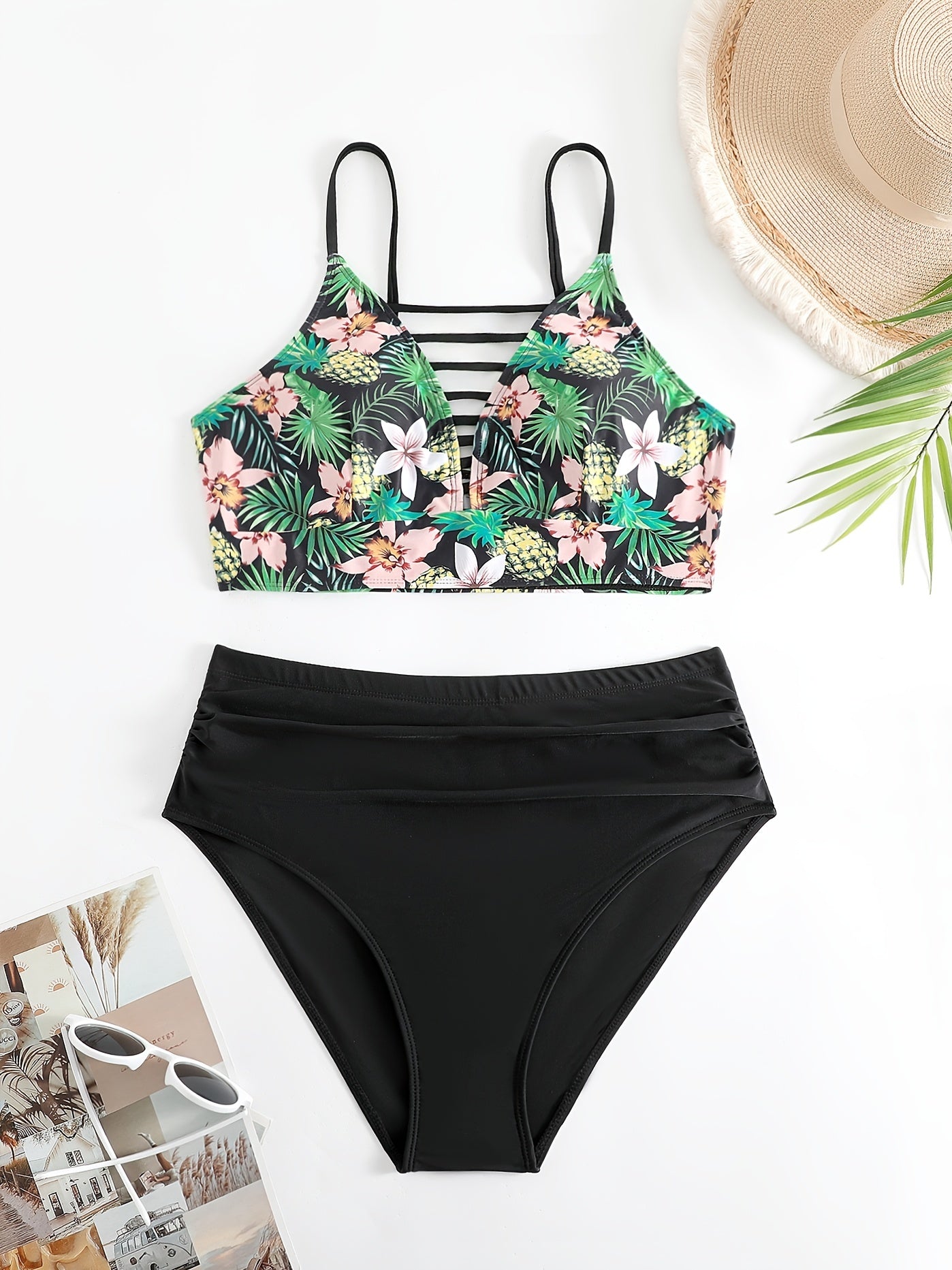 Tropical Print Cut Out V Neck Cami Top & Underwear Swimsuit Set