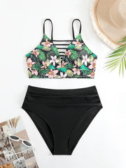 Tropical Print Cut Out V Neck Cami Top & Underwear Swimsuit Set
