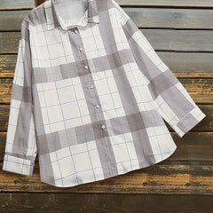 Grid Print Button Up Long Sleeve Blouse