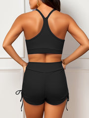 Solid V Neck Ruched Bikini Set Spaghetti Straps High Waist Boxer Short Swimsuit