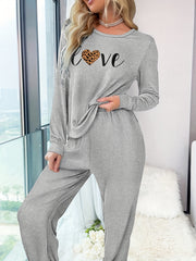 Letter Print Lounge Set Long Sleeve Crew Neck Top & Elastic Waistband Pants