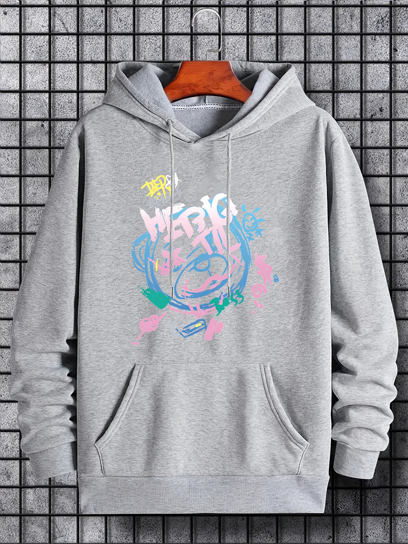 Men's Graffiti Bear Graphic Hoodie Casual Drawstring Hooded Sweatshirt