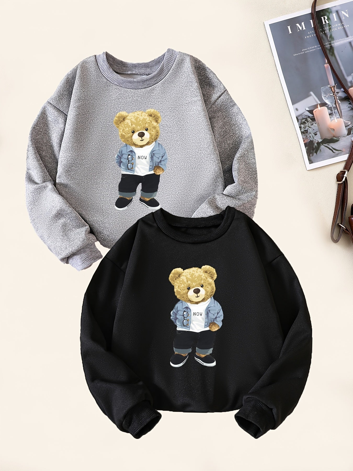 2pcs Bear Print Boys Casual Pullover Sweatshirt Long Sleeve Tops