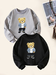 2pcs Bear Print Boys Casual Pullover Sweatshirt Long Sleeve Tops