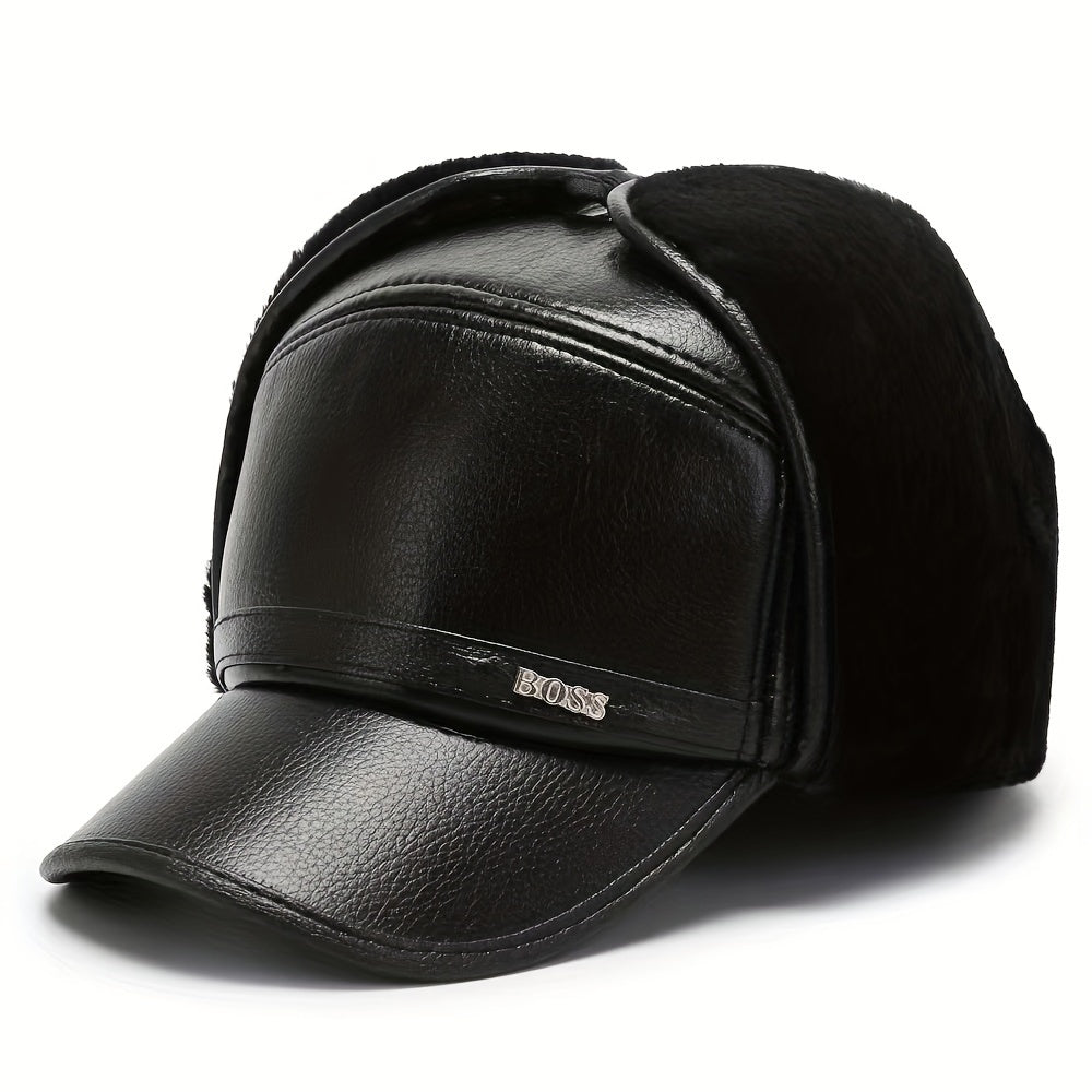 Men's Leather Baseball Cap With Earflaps Winter Warm Hat