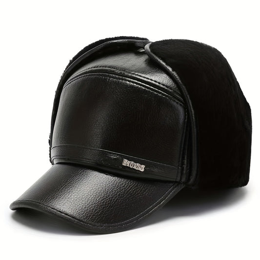 Men's Leather Baseball Cap With Earflaps Winter Warm Hat