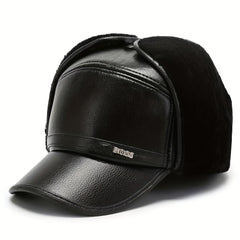 Men's Leather Baseball Cap With Earflaps Winter Warm Hat