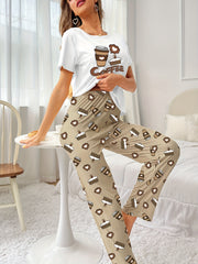 Coffee Print Pajama Set Short Sleeve Top & Pants Women's Sleepwear