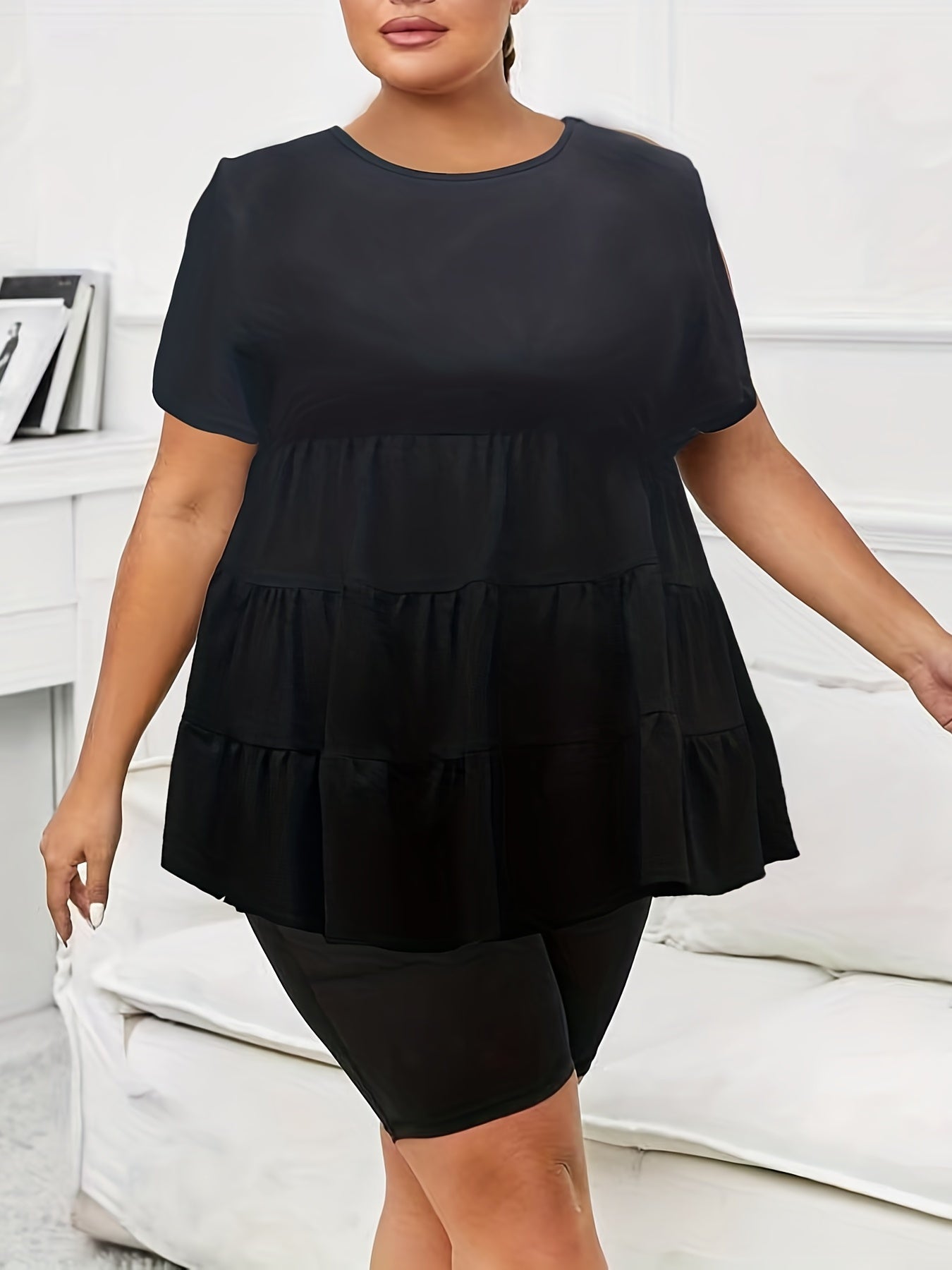 Solid Short Sleeve Smock Tee & Shorts Outfit Set