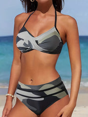 Camo Layered Ruched Bikini Sets Halter V Neck Backless High Cut Two Pieces Swims