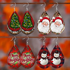 Christmas Teardrop Wooden Earrings Santa Snowman