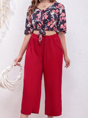 Floral Print Butterfly Sleeve V Neck Crop Top & Wide Leg Pants Two Piece Set