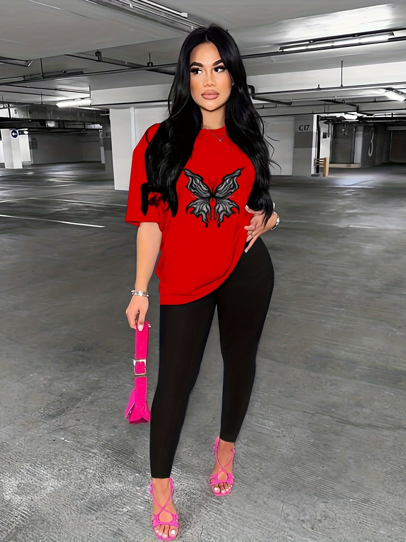 Graphic Print Two Piece Set Crew Neck Short Sleeve Top & Slim Pants Outfits