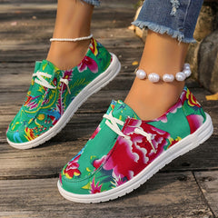 Chinese Style Flower Pattern Boat Shoes Canvas Low Flats
