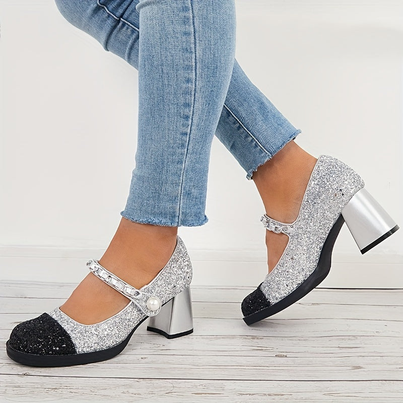 Women's Cap Toe Mary Jane Chunky Heels Dress Pumps