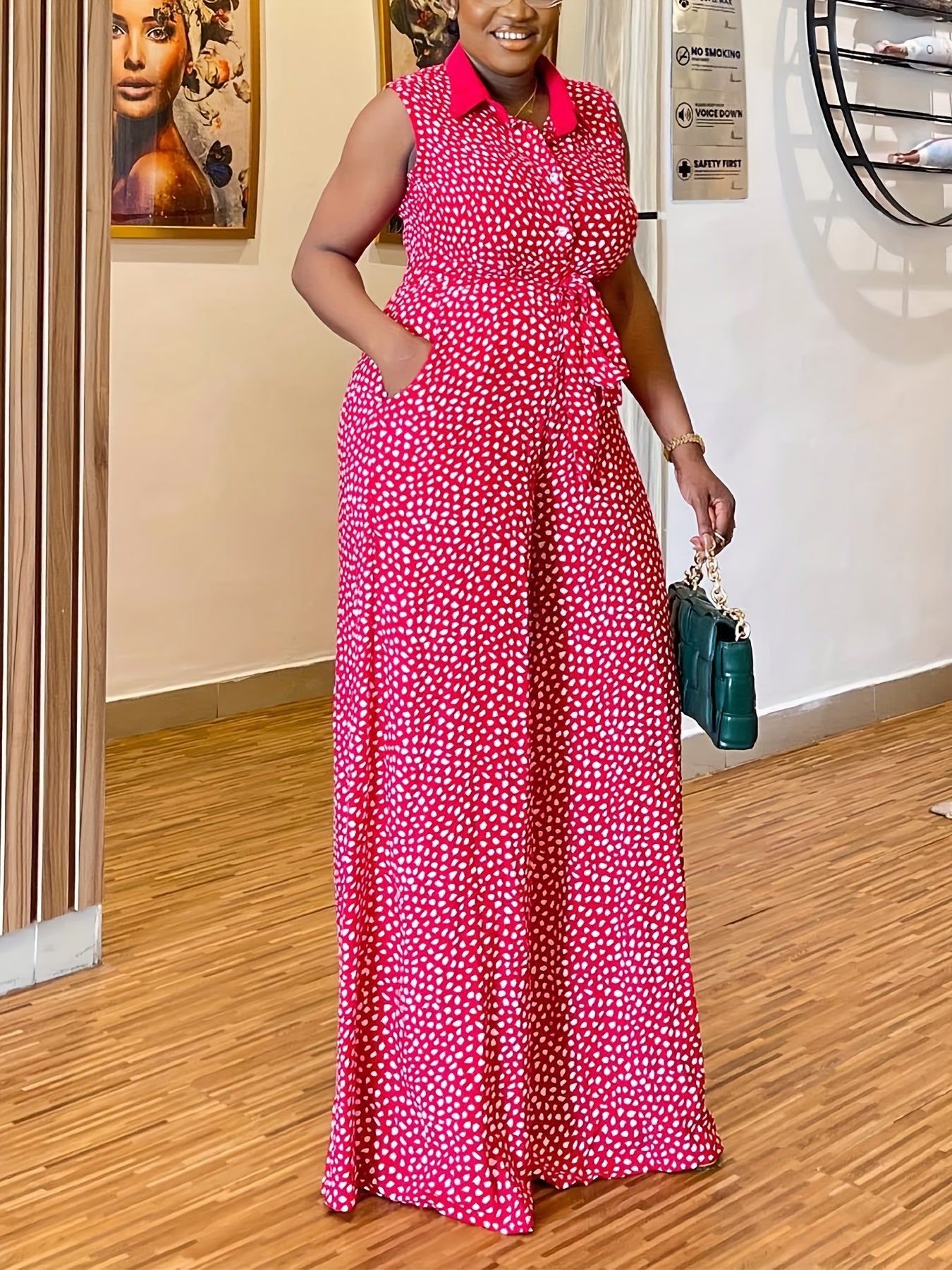 Casual Jumpsuit Women's Plus Allover Print Button Up