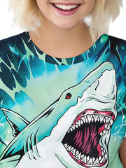 Kids Shark Print Short Sleeve T shirt - Boys Girls Summer Tees
