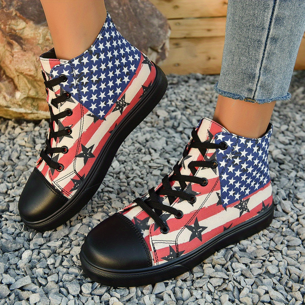 Women's Classic High Top Canvas Shoes Casual Star & Striped Pattern Sneakers