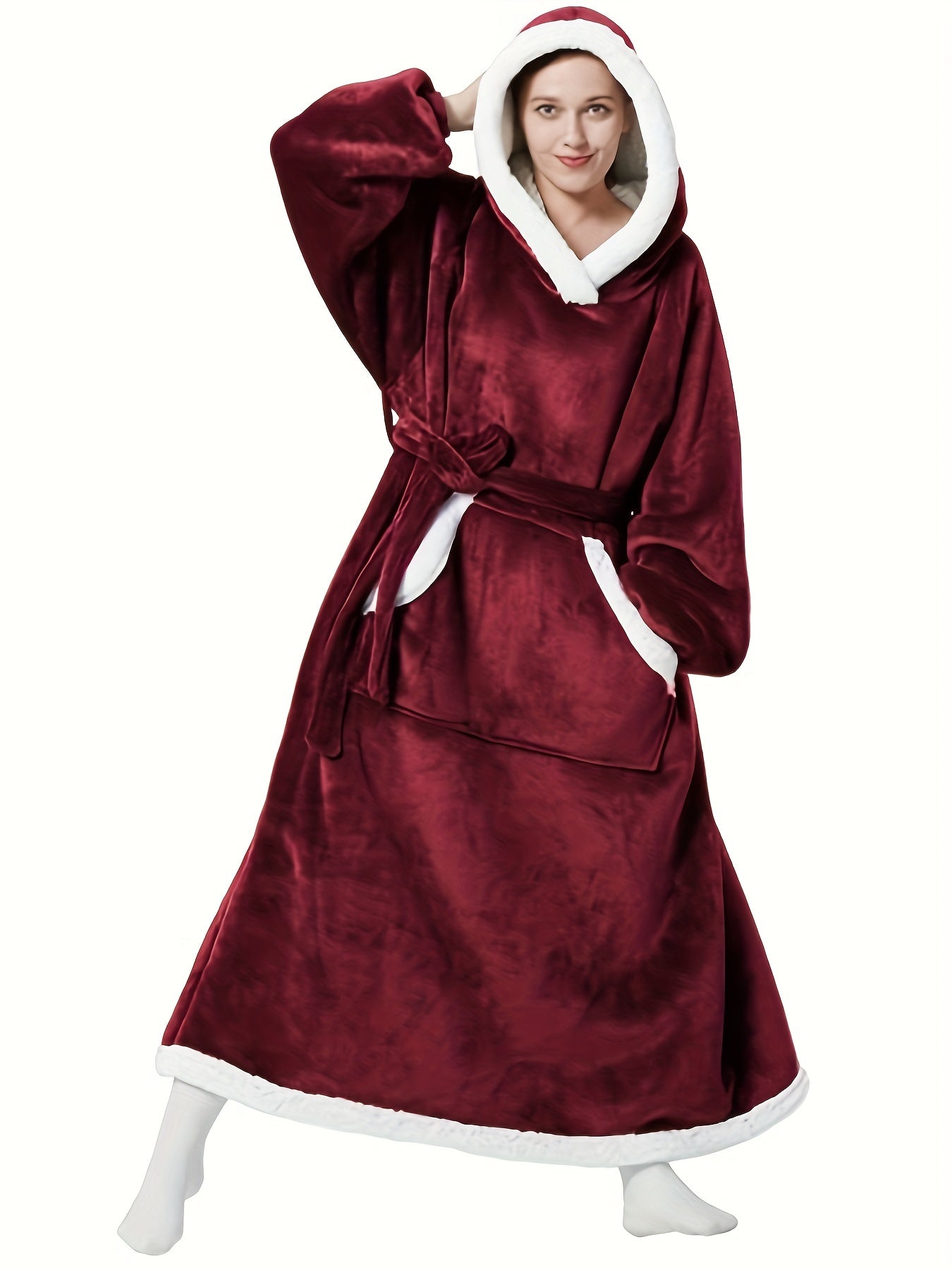 Christmas Flannel Hooded Robe Women's Long Sleeve Soft Blanket
