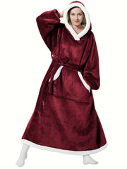 Christmas Flannel Hooded Robe Women's Long Sleeve Soft Blanket