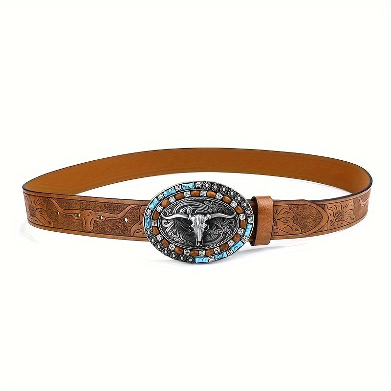 Vintage Western Cowboy Leather Belt with Cow Head Large Buckle
