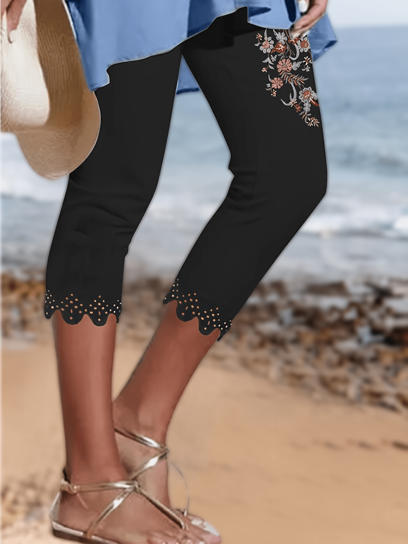 Floral Print Leggings Skinny Eyelet Leggings