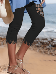 Floral Print Leggings Skinny Eyelet Leggings