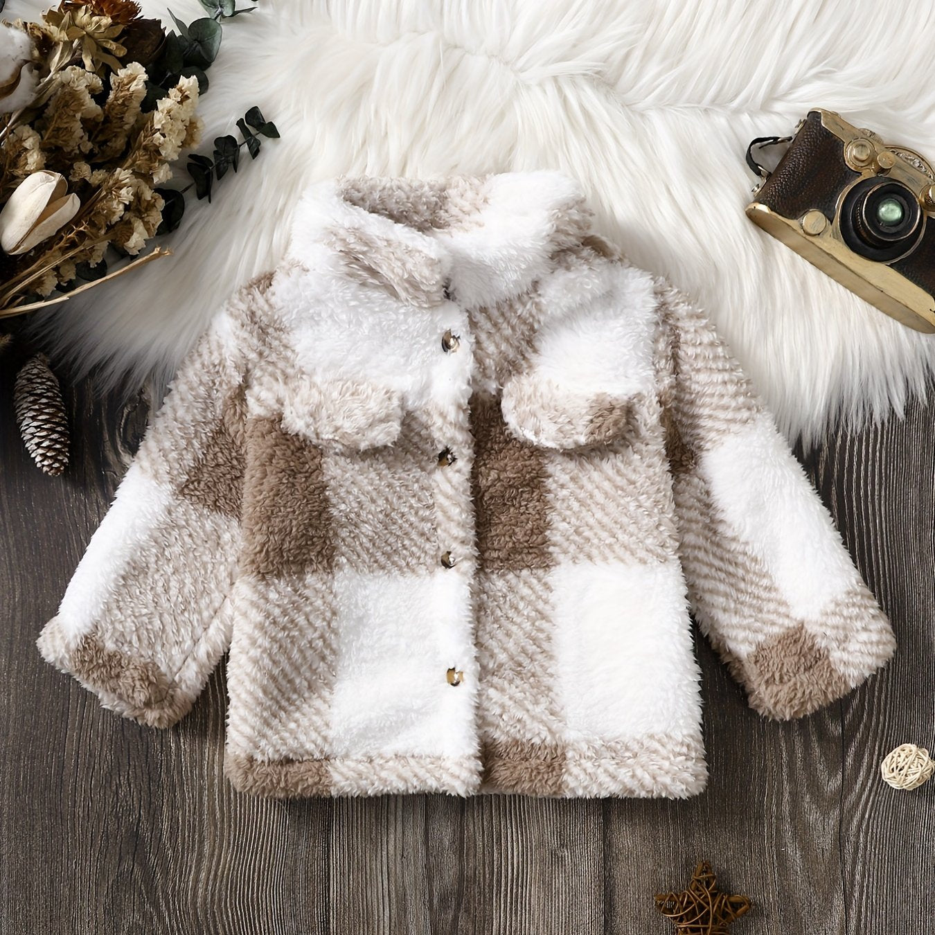 Boys Plaid Print Furry Coat Thermal Jacket