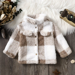 Boys Plaid Print Furry Coat Thermal Jacket