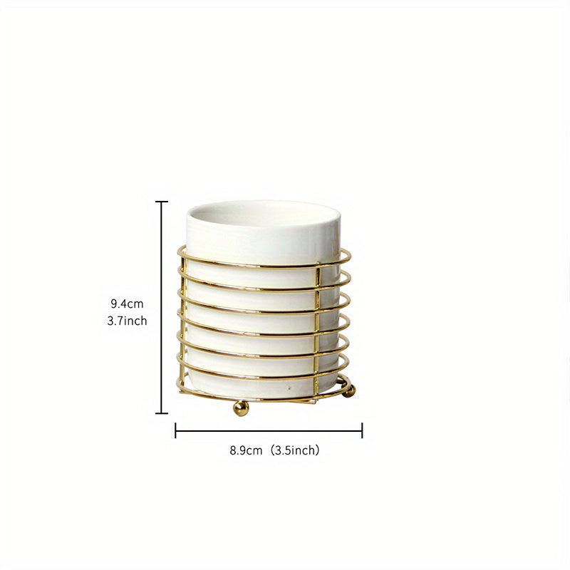 Kitchen Utensil Holder with Golden Ring Metal Frame and Ceramic Crocks