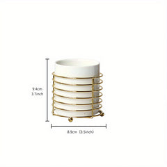 Kitchen Utensil Holder with Golden Ring Metal Frame and Ceramic Crocks