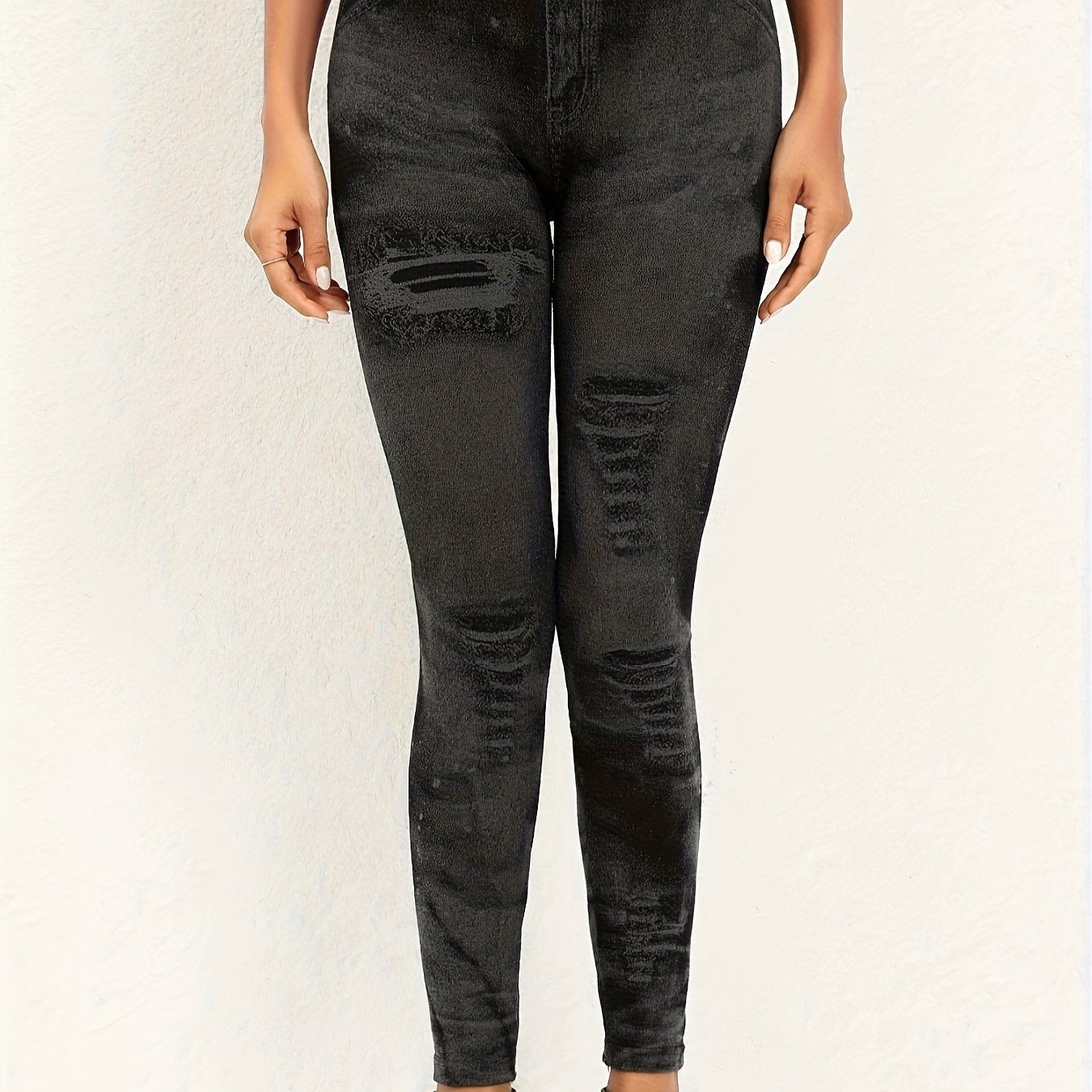 Distressed Denim Print High Rise Leggings Plus Size