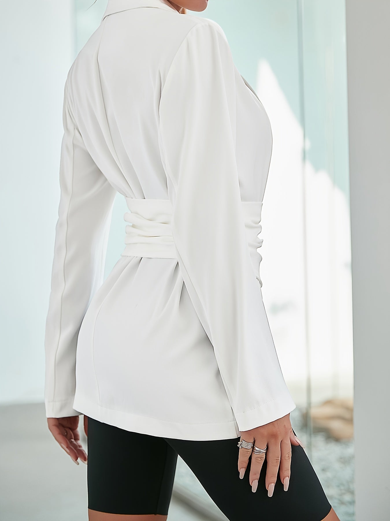 Waist Belt Slim Fit Blazer Coat Long Sleeve Loose Mid Length Outerwear