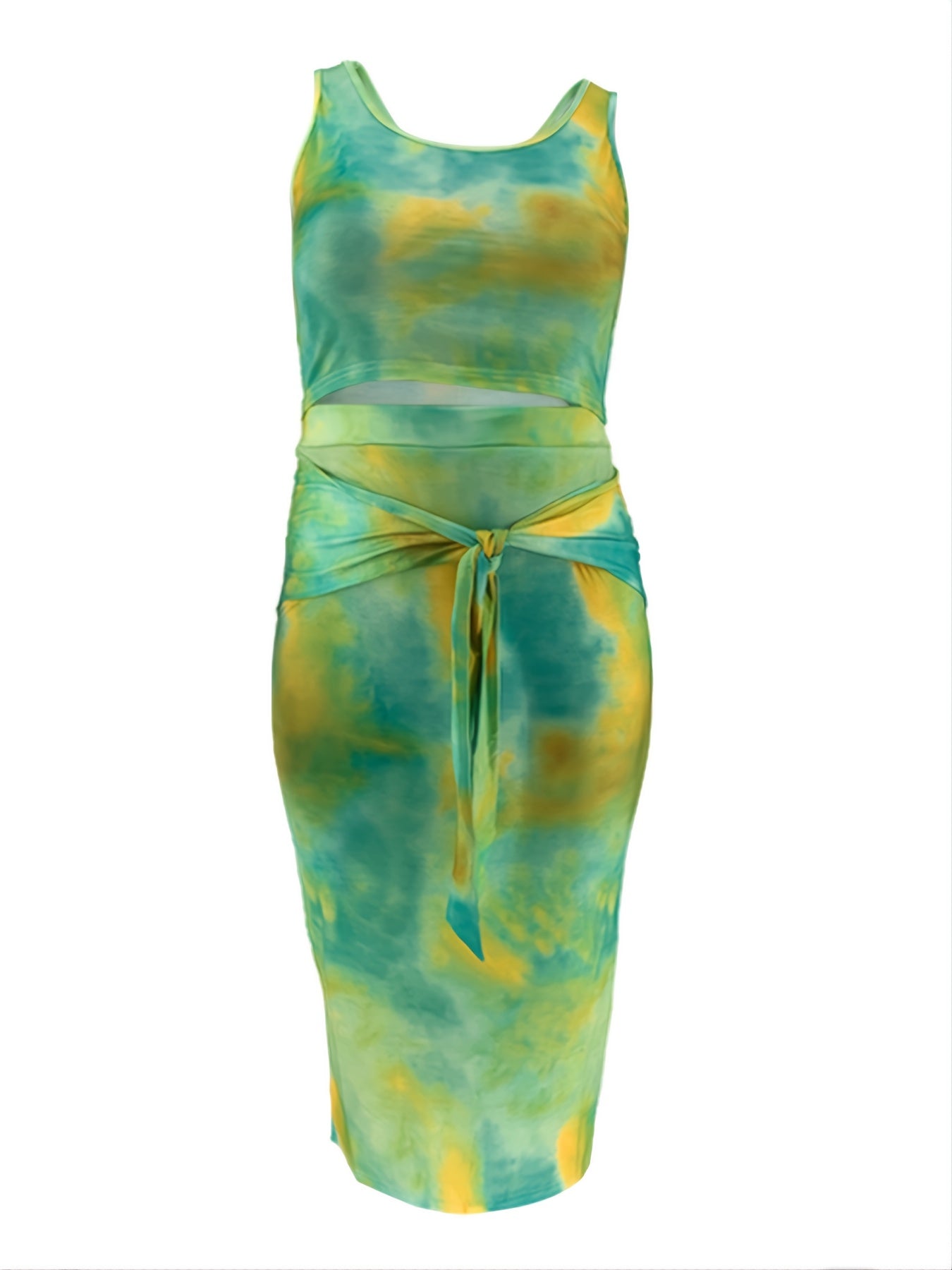 Tie Dye Crop Top & Pencil Skirt Set with Belt