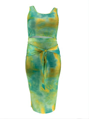 Tie Dye Crop Top & Pencil Skirt Set with Belt